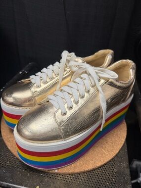 Forever 21 Metallic Gold Platform Sneakers with Rainbow Stripe Sole